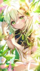 Rule 34 | 1boy, absurdres, amaki ruto, bare shoulders, closed mouth, dress, elf, flower, genshin impact, green eyes, hair ornament, highres, light particles, looking at viewer, nahida (genshin impact), pointy ears, smile, solo, symbol-shaped pupils, white dress, white hair
