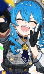 Rule 34 | 1girl, beret, black gloves, blue choker, blue hair, choker, closed eyes, confetti, dress, gloves, hat, highres, holding, holding microphone, hololive, hoshimachi suisei, hoshimachi suisei (1st costume), microphone, mugi626, open mouth, partially fingerless gloves, plaid, plaid dress, virtual youtuber