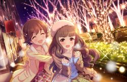 Rule 34 | 10s, 2girls, :d, ^ ^, blush, brown hair, earrings, closed eyes, hair ornament, hairclip, honda mio, idolmaster, idolmaster cinderella girls, idolmaster cinderella girls starlight stage, jewelry, kamiya nao, multiple girls, necklace, night, official art, open mouth, outdoors, red eyes, ring, short hair, smile, wavy hair, wavy mouth, winter clothes