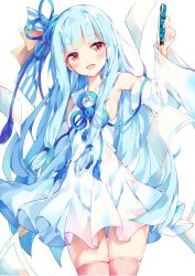 Rule 34 | 1girl, :d, armpits, bare shoulders, blue hair, blush, brown eyes, collarbone, cowboy shot, detached sleeves, dress, flower knot, hair ornament, hair ribbon, hand up, highres, holding, kotonoha aoi, long hair, long sleeves, looking at viewer, nib pen (object), open mouth, paper, pen, pink thighhighs, ribbon, simple background, smile, solo, standing, striped, thighhighs, unacchi (nyusankin), very long hair, voiceroid, white background, white dress, wide sleeves, zettai ryouiki