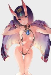 Rule 34 | 1girl, bad id, bad pixiv id, bare shoulders, bikini, black bikini, breasts, circlet, eyeliner, fate/grand order, fate (series), foreshortening, gourd, grey background, head tilt, highres, horns, knees together feet apart, looking at viewer, makeup, navel, off shoulder, purple eyes, purple hair, short hair, shuten douji (fate), shuten douji (first ascension) (fate), simple background, skin-covered horns, slingshot swimsuit, small breasts, smile, solo, string bikini, swimsuit, yuran