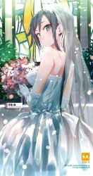 Rule 34 | 1girl, alternate costume, bare shoulders, bouquet, breasts, character name, closed mouth, copyright name, dress, elbow gloves, english text, flower, from behind, gloves, grey eyes, grey hair, hair between eyes, highres, hiratsuka shizuka, holding, holding bouquet, large breasts, long hair, looking at viewer, looking back, off-shoulder dress, off shoulder, official art, ponkan 8, ponytail, sidelocks, smile, solo, standing, veil, very long hair, wedding dress, white dress, white gloves, yahari ore no seishun lovecome wa machigatteiru.