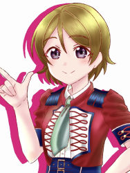 Rule 34 | 1girl, anniversary, aqua necktie, artist name, artist request, belt, blue belt, blush, breasts, brown hair, close-up, collared shirt, cropped jacket, dress, dress shirt, female focus, hair between eyes, hair ornament, hairclip, jacket, koizumi hanayo, looking at viewer, love live!, love live! school idol festival, love live! school idol project, necktie, parted lips, puffy short sleeves, puffy sleeves, purple eyes, red jacket, shirt, short hair, short sleeves, small breasts, smile, solo, upper body, white background, white shirt