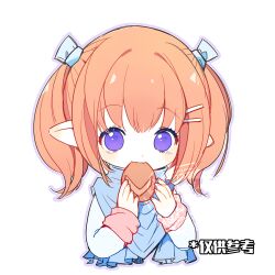 Rule 34 | 1girl, blue ribbon, blue scarf, bread, cropped torso, eating, final fantasy, final fantasy xiv, flat chest, food, hair ribbon, highres, holding, holding food, homura792, lalafell, light blush, long bangs, looking at viewer, medium hair, orange hair, pointy ears, purple eyes, ribbon, scarf, short twintails, simple background, solo, sweater, twintails, warrior of light (ff14), white background, white sweater