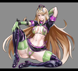 Rule 34 | 1girl, bikini, blonde hair, breasts, cosplay, fate (series), florence nightingale (fate), florence nightingale (trick or treatment) (fate), florence nightingale (trick or treatment) (fate) (cosplay), green thighhighs, long hair, mythra (xenoblade), nintendo, official alternate costume, panties, pussy, shrug (clothing), smile, solo, spread legs, swimsuit, thighhighs, thong, underwear, xenoblade chronicles (series), xenoblade chronicles 2