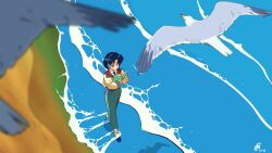 Rule 34 | 1girl, animal, artist logo, beach, bird, blue hair, book, brown jacket, commentary, dated, english commentary, from above, full body, headphones, holding, holding book, jacket, matt cummings, outdoors, reading, seagull, shirt, short hair, solo, walking, water, white shirt