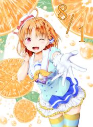 Rule 34 | 1girl, absurdres, ahoge, aozora jumping heart, artist name, artist request, blush, bow, braid, earrings, female focus, food, fruit, gloves, hair ornament, hat, highres, jewelry, looking at viewer, love live!, love live! sunshine!!, mini hat, one eye closed, orange (fruit), orange hair, reaching, reaching towards viewer, red eyes, red hair, short hair, skirt, smile, solo, striped clothes, striped thighhighs, takami chika, thighhighs, white gloves