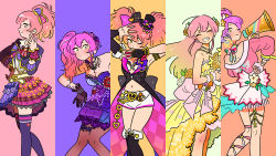 Rule 34 | 1girl, collage, dress, feet out of frame, gyaru, highres, idol, idolmaster, idolmaster cinderella girls, idolmaster cinderella girls starlight stage, jennie congee, jougasaki mika, looking at viewer, multicolored background, multiple persona, nail polish, off-shoulder dress, off shoulder, pink hair, ponytail, side ponytail, straight hair, twintails