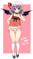 Rule 34 | 1girl, absurdres, bad id, bad pixiv id, bat wings, blue hair, blush, bra, chemise, collar, english text, full body, hat, hat ribbon, highres, karasuma yayoi, kneehighs, looking at viewer, mob cap, nail polish, naughty face, navel, panties, pink background, pointy ears, red eyes, remilia scarlet, ribbon, see-through, shoes, short hair, sleeveless, smile, socks, solo, text focus, tongue, tongue out, touhou, underwear, v, white socks, wings