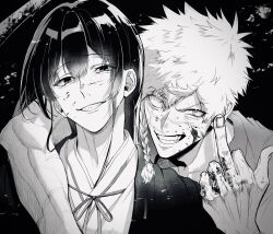 Rule 34 | 2boys, arm around neck, arm on another&#039;s shoulder, aza choubei, aza touma, black hair, blank eyes, blood, blood on face, blood on hands, brothers, cross scar, facial scar, greyscale, highres, jigokuraku, long hair, looking at viewer, male focus, middle finger, monochrome, multiple boys, parted lips, robe, scar, scar across eye, scar on cheek, scar on face, sharp teeth, short hair, siblings, smile, spiked hair, sui yatori, teeth, white hair, white robe
