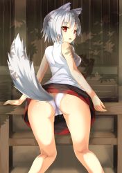 Rule 34 | 1girl, animal ears, ass, bent over, black skirt, bluekalmia, blush, breasts, cameltoe, clothes lift, highres, inubashiri momiji, kneepits, looking at viewer, looking back, medium breasts, open mouth, outdoors, panties, pussy juice stain, red eyes, shiny skin, shirt, short hair, silver hair, skirt, skirt lift, sleeveless, sleeveless shirt, solo, tail, thighs, touhou, tree shade, turtleneck, underwear, white panties, wolf ears, wolf tail