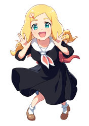 Rule 34 | 1girl, :d, asada hachi, back bow, black dress, blonde hair, blush, bow, brown footwear, commentary request, dress, flower, forehead, full body, green eyes, hair flower, hair ornament, hairclip, happy, harohapi! shinonome megu-chan no oheya, long hair, looking at viewer, neckerchief, open mouth, parted bangs, pink bow, sailor collar, sailor dress, shinonome megu, shoes, simple background, smile, socks, solo, standing, teeth, thick eyebrows, twitter username, upper teeth only, virtual youtuber, watermark, white background, white sailor collar, white socks