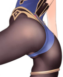 Rule 34 | 1girl, ass, ass focus, black pantyhose, blurry, bodystocking, close-up, depth of field, genshin impact, head out of frame, highleg, highleg leotard, kanzaki muyu, leotard, mona (genshin impact), pantyhose, simple background, solo, thighlet, white background