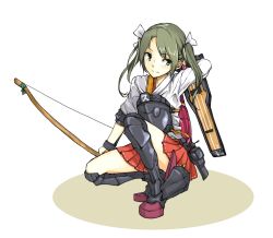 Rule 34 | 10s, blush, boots, green eyes, green hair, highres, hori (t-6hexa), japanese clothes, kantai collection, kneeling, muneate, pleated skirt, skirt, smile, solo, thigh boots, thighhighs, twintails, zettai ryouiki, zuikaku (kancolle)