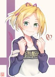 Rule 34 | 1girl, absurdres, bad id, bad pixiv id, blonde hair, casual, clenched hand, commentary request, green eyes, highres, jacket, kantai collection, looking at viewer, maikaze (kancolle), official alternate costume, parted bangs, ponytail, purple jacket, scrunchie, shirt, short hair, signature, solo, upper body, white shirt, yunoji yusuke