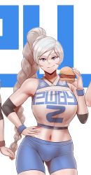 Rule 34 | 1girl, absurdres, aestheticc-meme, bare shoulders, blue eyes, braid, braided ponytail, breasts, cropped, curvy, elbow pads, food, gluteal fold, burger, hand on own hip, highres, holding, large breasts, long hair, looking at viewer, midriff, navel, ponytail, rwby, smile, solo, sportswear, stomach, thick thighs, thigh gap, thighs, third-party edit, weiss schnee, white hair, wide hips, wristband