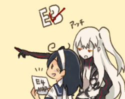 Rule 34 | 2girls, abyssal ship, aircraft carrier princess, black hair, breasts, cleavage, comic, hachimaki, hand on own hip, headband, holding, holding paper, kantai collection, long hair, long sleeves, lowres, multiple girls, open mouth, paper, pointing, red eyes, saiguchi otoufu, school uniform, serafuku, shirt, short sleeves, side ponytail, smile, torn clothes, torn shirt, translated, ushio (kancolle), white hair, yellow background
