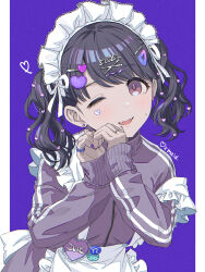 Rule 34 | 1girl, ;d, absurdres, apron, blue hair, blush, dark blue hair, fangs, fingernails, fukumaru koito, hair ornament, heart, heart hair ornament, heart hands, highres, idolmaster, idolmaster shiny colors, jacket, jersey maid, long sleeves, looking at viewer, maid, maid headdress, momomoi momoi, nail polish, name tag, one eye closed, open mouth, purple background, purple jacket, simple background, skin fangs, smile, solo, sweatdrop, track jacket, twintails, two-tone background, unconventional maid, upper body, white apron