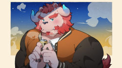 Rule 34 | 1boy, alternate costume, bara, blue eyes, blush, breath, can, casual, chernobog (housamo), curled horns, demon horns, facial hair, fangs, forked eyebrows, furry, furry male, glowing horns, goatee, heart, holding, holding can, horns, jacket, long sideburns, looking at viewer, male focus, muscular, muscular male, open clothes, open jacket, orange hair, pectorals, pink fur, shiro choko, shirt, short hair, sideburns, smile, solo, thick eyebrows, tokyo houkago summoners, undershirt, upper body, white shirt