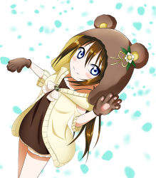 Rule 34 | 1girl, animal ears, animal hands, aqua eyes, artist name, artist request, bare legs, bare shoulders, bear ears, black shirt, blue eyes, blush, bow, breasts, brown bow, brown hair, brown jacket, brown skirt, brown sweater, collarbone, dress shirt, female focus, flower, gloves, green pants, green shorts, hair between eyes, jacket, light brown jacket, light brown sweater, long hair, looking at viewer, love live!, love live! nijigasaki high school idol club, love live! school idol festival, love live! school idol festival all stars, osaka shizuku, pants, parted lips, paw gloves, polka dot, polka dot bow, ponytail, ribbon, shirt, short shorts, short sleeves, shorts, skirt, sleeveless, sleeveless sweater, small breasts, smile, solo, sweater, white background, white flower, yellow ribbon