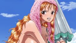 Rule 34 | 1girl, animated, anime screenshot, arm tattoo, breasts, brown eyes, completely nude, female focus, huge breasts, large areolae, large breasts, long hair, nami (one piece), nipples, nude, nude filter, one piece, one piece special: glorious island, open mouth, orange hair, s10collage, solo, sound, tattoo, third-party edit, video, wet