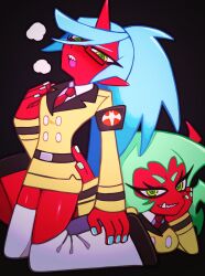 Rule 34 | 2girls, absurdres, armband, black armband, black background, blue nails, collar, collared shirt, colored skin, demon, demon girl, demon horns, green eyes, green hair, hand on own cheek, hand on own chest, hand on own face, heavy breathing, highres, horns, kabochashige, kneeling, kneesocks (psg), long hair, long sleeves, looking at viewer, multiple girls, necktie, open mouth, panty &amp; stocking with garterbelt, ponytail, red necktie, red skin, scanty (psg), school uniform, sharp teeth, shirt, simple background, smirk, teeth, underbite, visible air, white collar