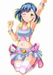 Rule 34 | 10s, 1girl, ;), arm up, armpits, blue hair, blush, bracelet, fuku d, green eyes, idolmaster, idolmaster million live!, jewelry, kneeling, looking at viewer, lots of jewelry, midriff, million dreams (idolmaster), nanao yuriko, navel, one eye closed, short hair, skirt, smile, solo, striped clothes, striped thighhighs, thighhighs, yellow eyes