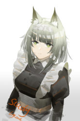 Rule 34 | 1girl, animal ear fluff, animal ears, apron, arknights, artist name, black shirt, breasts, closed mouth, collar, commentary, english commentary, english text, frown, green eyes, green hair, highres, juliet sleeves, kal&#039;tsit (arknights), loftcat, long sleeves, looking at viewer, maid, maid apron, maid headdress, medium breasts, medium hair, puffy sleeves, shirt, simple background, solo, upper body, white background, white collar