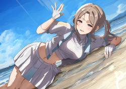 Rule 34 | 1girl, absurdres, beach, blue sky, brown eyes, brown hair, commentary request, crop top, day, dutch angle, fingerless gloves, gloves, hair ribbon, highres, ichikawa hinana, idolmaster, idolmaster shiny colors, jacket, jewelry, long hair, lying, miniskirt, navel, necklace, ocean, on side, outdoors, pleated skirt, ribbon, short sleeves, side ponytail, skirt, sky, solo, tolkn1, white gloves, white jacket, white ribbon, white skirt