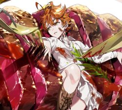 Rule 34 | 1girl, ahoge, boots, cutlery, dirty, dirty clothes, dirty face, emma (yakusoku no neverland), food, food on clothes, food on face, fork, green eyes, highres, knife, leather, leather boots, long sleeves, lying, meat, neck tattoo, number tattoo, on back, on plate, open mouth, orange hair, sauce, shoelaces, short hair, skirt, solo, tattoo, yakusoku no neverland, yala1453