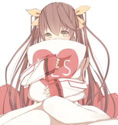 Rule 34 | 10s, 1girl, bad id, bad pixiv id, blush, bow, brown hair, green eyes, hair bow, heart, huang lingyin, hug, hugging object, infinite stratos, long hair, meet neet, pillow, pillow hug, simple background, sleeves past wrists, solo, twintails, uniform, very long hair, yes, yes-no pillow