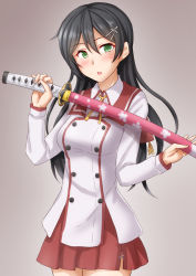 Rule 34 | 1girl, alternate costume, anti (untea9), black hair, blush, cowboy shot, gradient background, green eyes, grey background, hair between eyes, hair ornament, hairclip, highres, holding, holding sword, holding weapon, jacket, kantai collection, katana, long hair, long sleeves, neckerchief, open mouth, oyashio (kancolle), red skirt, school uniform, sheath, sheathed, skirt, solo, sword, weapon, white jacket