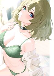Rule 34 | 1girl, bare shoulders, black choker, blurry, blurry background, blush, bob cut, bow, bow panties, bra, breasts, cardigan, cardigan partially removed, choker, cleavage, collarbone, commentary, embroidered bra, green bra, green eyes, green panties, heterochromia, highres, idolmaster, idolmaster cinderella girls, lace, lace-trimmed bra, lace trim, looking at viewer, medium breasts, mole, mole under eye, navel, panties, solo, stomach, sutoroa, takagaki kaede, underwear, white cardigan