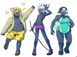 Rule 34 | 1girl, 2boys, aizawa sachi, animal print, aqua one-piece swimsuit, arm up, backwards hat, ball, bandana, beachball, blank eyes, bow, bow (weapon), breasts, bug, butterfly, butterfly print, drawstring, fat, fat man, flip-flops, hair bow, hat, hood, hoodie, insect, lineup, male swimwear, medium breasts, multiple boys, one-piece swimsuit, open clothes, open hoodie, original, pectoral cleavage, pectorals, plump, polka dot, polka dot male swimwear, polka dot swimsuit, print male swimwear, print swim trunks, puffy chest, purple male swimwear, purple one-piece swimsuit, purple swim trunks, salute, sandals, short hair, short twintails, swim trunks, swimsuit, toned, toned male, tsurime, twintails, visor cap, weapon, white background, white hair, yellow male swimwear, yellow swim trunks