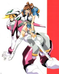 Rule 34 | 1990s (style), 2girls, alternate costume, ass, bent over, between breasts, blush, bodysuit, bracelet, breasts, bridal gauntlets, brown eyes, brown hair, clone, curvy, erika tinen, finger to mouth, fingernails, gun, helmet, highres, impossible clothes, jewelry, large breasts, lips, lipstick, long fingernails, long hair, makeup, miniskirt, multiple girls, nail polish, necktie, one eye closed, oobari masami, open mouth, panties, pointing, police, police uniform, retro artstyle, signature, skirt, smile, thighhighs, underwear, uniform, virus buster serge, weapon, white panties, wink