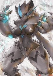 Rule 34 | 1girl, animal hands, aqua eyes, blue eyes, breasts, breasts apart, claws, cleft of venus, creatures (company), eyelashes, fang, female focus, furry, furry female, game freak, gen 7 pokemon, girlsay, highres, inverted nipples, large breasts, legendary pokemon, looking at viewer, mythical pokemon, navel, nintendo, nipples, no humans, nude, pawpads, pokemon, pokemon (creature), pussy, simple background, smile, solo, standing, thighs, uncensored, whiskers, wide hips, zeraora
