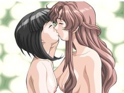 Rule 34 | 2girls, bare shoulders, black hair, blush, breasts, brown hair, censored, convenient censoring, closed eyes, female focus, hair over breasts, hand on another&#039;s face, kiss, long hair, multiple girls, nipples, nude, short hair, tagme, topless, very long hair, yuri