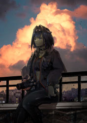 Rule 34 | 1girl, absurdres, camera, cloud, cloudy sky, highres, holding, holding camera, holocouncil, hololive, hololive english, ouro kronii, sitting, sky, skyline, solo, sunset, virtual youtuber, vyragami
