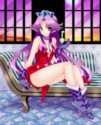 Rule 34 | 1girl, angela (seiken densetsu 3), bad id, bad pixiv id, boots, breasts, choker, cleavage, couch, crown, dress, gloves, green eyes, key, legs, leotard, long hair, long legs, mario kaneda, medium breasts, pointy ears, purple hair, red leotard, seiken densetsu, seiken densetsu 3, sitting, smile, solo, square enix, striped upholstery, thighs, very long hair