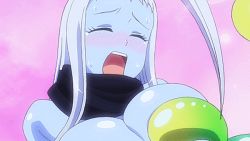Rule 34 | 2girls, blush, breasts, cleavage, closed eyes, female focus, lala (monster musume), large breasts, long hair, monster girl, monster musume no iru nichijou, multiple girls, open mouth, screencap, shiny skin, slime girl, sweat, white hair