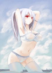 Rule 34 | 1girl, adjusting hair, albino, armpits, arms up, bandeau, bra, breasts, cleavage, cloud, day, large breasts, lingerie, long hair, navel, panties, ponytail, rain lan, red eyes, shiny skin, skindentation, sky, solo, strapless, submerged, thighhighs, tube top, underwear, vocaloid, wading, water, water drop, wet, wet clothes, white bra, white hair, white panties, white thighhighs, yowane haku