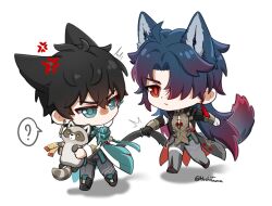 Rule 34 | 2boys, ?, anger vein, animal, animal ears, antenna hair, bandaged hand, bandages, black footwear, black hair, black sleeves, blade (honkai: star rail), chibi, chinese clothes, closed mouth, dan heng (honkai: star rail), full body, green eyes, grey pants, hair over one eye, highres, holding, holding animal, honkai: star rail, honkai (series), hoshikuroyoru, long hair, looking at another, multiple boys, no mouth, pants, parted bangs, raccoon, red eyes, speech bubble, standing, tail, tail grab, ticket, v-shaped eyebrows, white sleeves