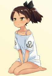 Rule 34 | 10s, 1girl, :t, abe kanari, alternate costume, anchor symbol, bare legs, barefoot, between legs, blush, brown eyes, brown hair, commentary request, dress shirt, full body, hair ribbon, kantai collection, long hair, off-shoulder shirt, off shoulder, oversized clothes, oversized shirt, own hands together, ponytail, pout, ribbon, seiza, shikinami (kancolle), shirt, simple background, sitting, solo, t-shirt, tan background, tsurime, v arms