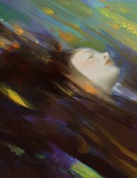 Rule 34 | 1girl, abstract, afloat, art study, brown hair, closed eyes, closed mouth, commentary, english commentary, faux traditional media, from side, highres, lips, long hair, looking up, nose, original, parted lips, partially submerged, profile, solo, water, yuming li