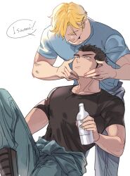 Rule 34 | 2boys, ao isami, black hair, blonde hair, blue jumpsuit, blush, bottle, closed eyes, cowboy shot, green jumpsuit, holding, holding another&#039;s head, holding bottle, jumpsuit, jumpsuit around waist, lewis smith, looking at another, looking up, male focus, multiple boys, muscular, muscular male, shirt, short hair, sideburns, sitting, speech bubble, white background, yaoi, yuuki bakuhatsu bang bravern