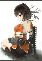 Rule 34 | 10s, 1girl, arms behind back, bad id, bad pixiv id, black socks, blush, brown eyes, brown hair, elbow gloves, gloves, kantai collection, letterboxed, looking at viewer, looking back, personification, school uniform, seiza, sendai (kancolle), serafuku, short hair, sitting, skirt, smile, socks, solo, twintails, two side up, u nagi