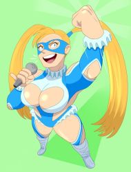 Rule 34 | 1girl, blonde hair, boots, breasts, capcom, cleavage, from above, large breasts, mask, microphone, rainbow mika, red snk, street fighter, twintails, wrestling outfit