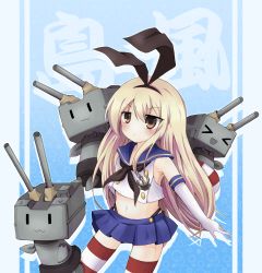 Rule 34 | &gt; &lt;, 10s, 1girl, :3, anchor symbol, armpits, black neckerchief, blonde hair, blue background, border, character name, closed eyes, elbow gloves, facing away, frown, gloves, hair ribbon, kantai collection, lifebuoy, long hair, microskirt, neckerchief, rensouhou-chan, ribbon, sailor collar, shimakaze (kancolle), shirt, simple background, skirt, sleeveless, solo, striped clothes, striped thighhighs, swim ring, takojiru, thighhighs, yellow eyes, | |
