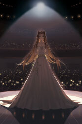 Rule 34 | 1girl, absurdres, aerith gainsborough, aerith gainsborough (white floral dress), audience, backlighting, bare arms, bare shoulders, breasts, brown hair, closed mouth, dododo, dress, dress flower, final fantasy, final fantasy vii, final fantasy vii rebirth, final fantasy vii remake, flower, full body, green eyes, highres, jewelry, long dress, long hair, looking at viewer, medium breasts, necklace, official alternate costume, own hands clasped, own hands together, parted bangs, rose, sidelocks, solo, stage lights, strapless, strapless dress, wavy hair, white dress, yellow flower, yellow rose