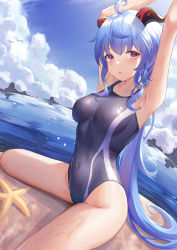 Rule 34 | 1girl, :o, ahoge, airool, armpits, arms up, black one-piece swimsuit, blue hair, blush, breasts, collarbone, commentary request, competition swimsuit, covered navel, day, ganyu (genshin impact), genshin impact, goat horns, groin, highleg, highleg swimsuit, highres, horns, long hair, looking at viewer, low ponytail, medium breasts, ocean, one-piece swimsuit, open mouth, outdoors, pink eyes, purple eyes, solo, swimsuit, thighs, very long hair, water, wet